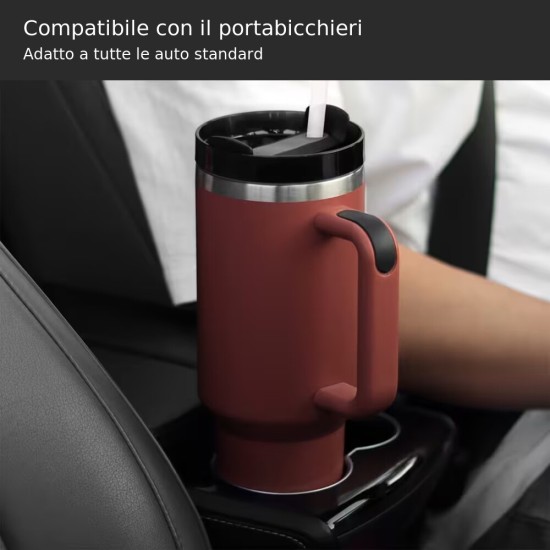Bicchiere termico 1,18 litri in acciaio inox rosa e rosso con manico, coperchio e cannuccia per auto, sport e viaggi