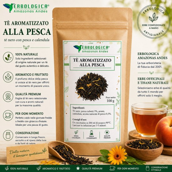 Tè alla pesca nero naturale con tè nero, pezzetti di pesca, fiori di calendula e aroma naturale di pesca