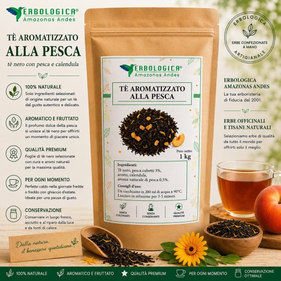Tè alla pesca nero naturale con tè nero, pezzetti di pesca, fiori di calendula e aroma naturale di pesca
