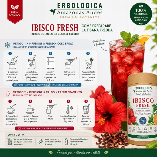 Ibisco Fresh infuso botanico con ibisco, menta piperita, lemongrass, rosa canina e scorza d'arancia della linea Botanica Premium