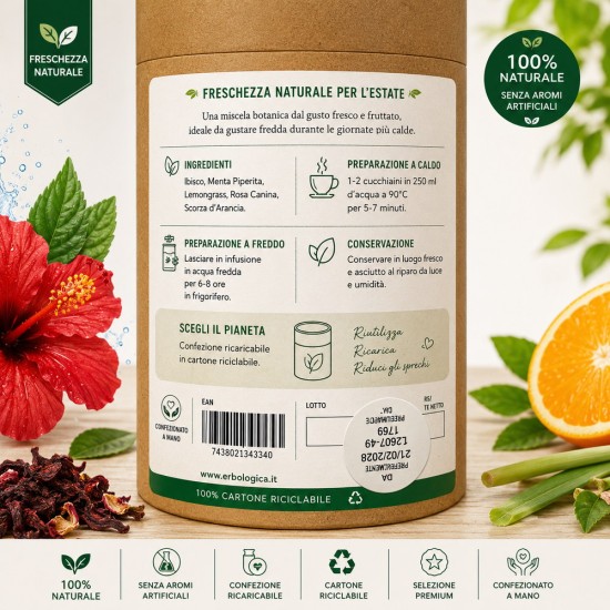 Ibisco Fresh infuso botanico con ibisco, menta piperita, lemongrass, rosa canina e scorza d'arancia della linea Botanica Premium
