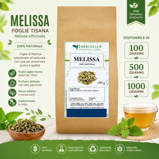 Melissa Foglie Tisana - Melissa Officinalis Essiccata Melissa Foglie Tisana con foglie essiccate di Melissa officinalis per infusi naturali.