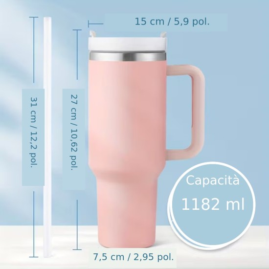 Bicchiere termico 1,18 litri in acciaio inox rosa e rosso con manico, coperchio e cannuccia per auto, sport e viaggi